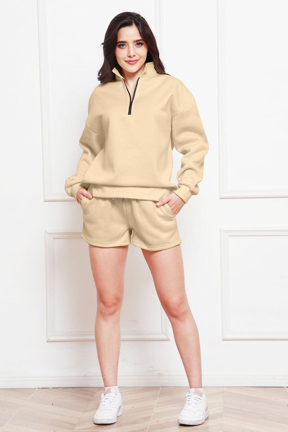 Half Zip Long Sleeve Sweatshirt and Drawstring Shorts Set - Clothes For Her Online Store