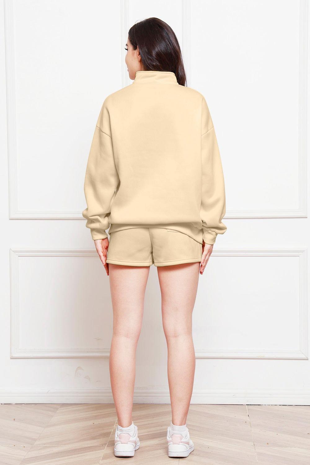 Half Zip Long Sleeve Sweatshirt and Drawstring Shorts Set - Clothes For Her Online Store