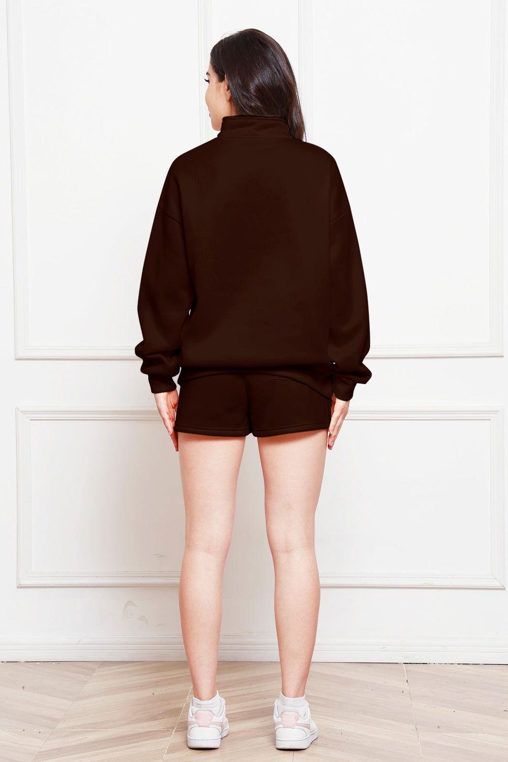 Half Zip Long Sleeve Sweatshirt and Drawstring Shorts Set - Clothes For Her Online Store