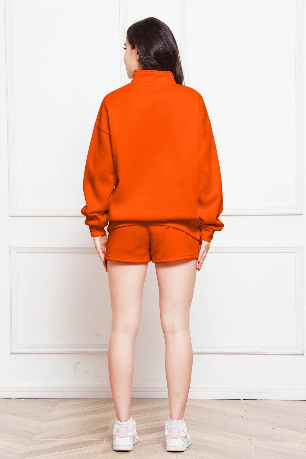 Half Zip Long Sleeve Sweatshirt and Drawstring Shorts Set - Clothes For Her Online Store