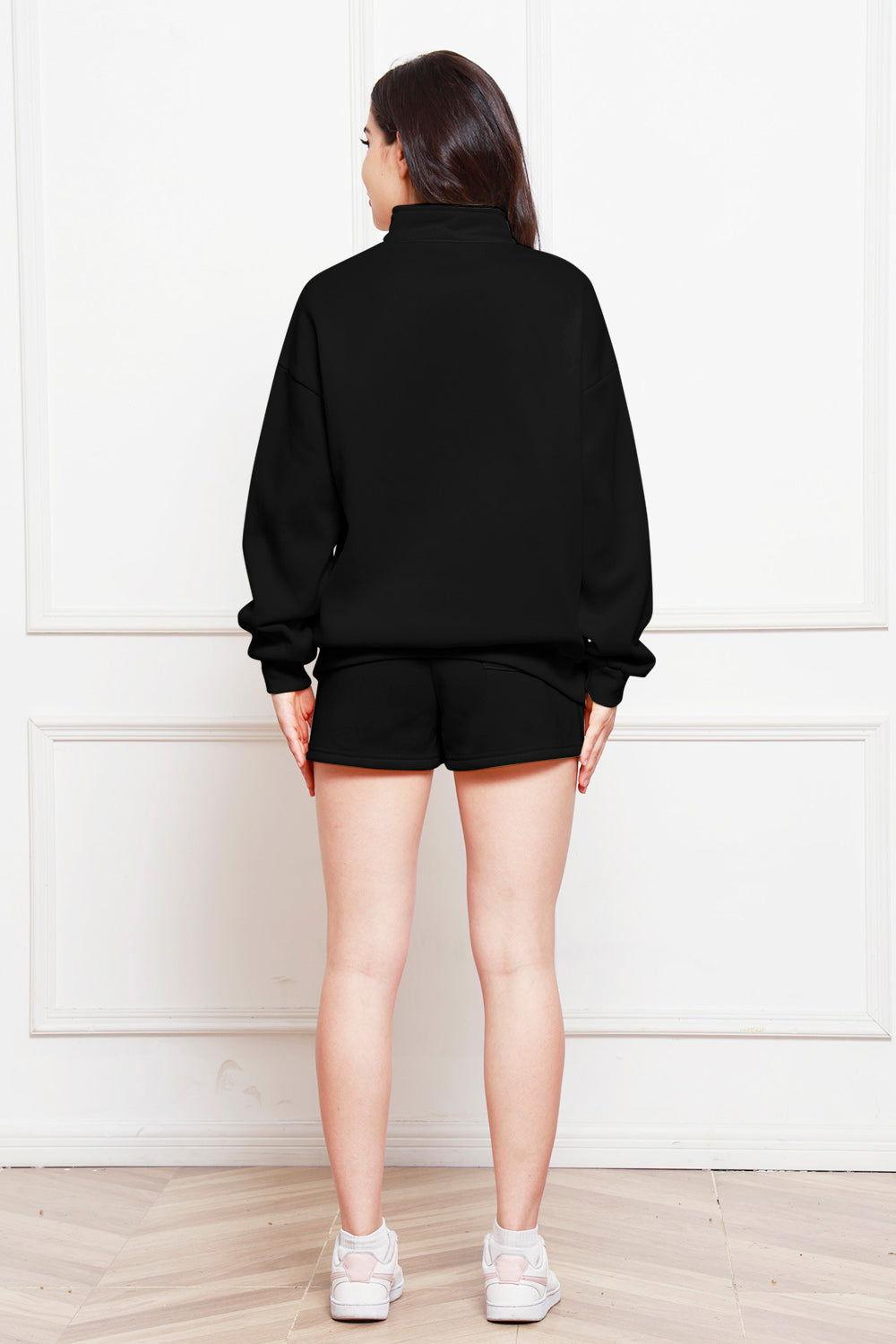 Half Zip Long Sleeve Sweatshirt and Drawstring Shorts Set - Clothes For Her Online Store