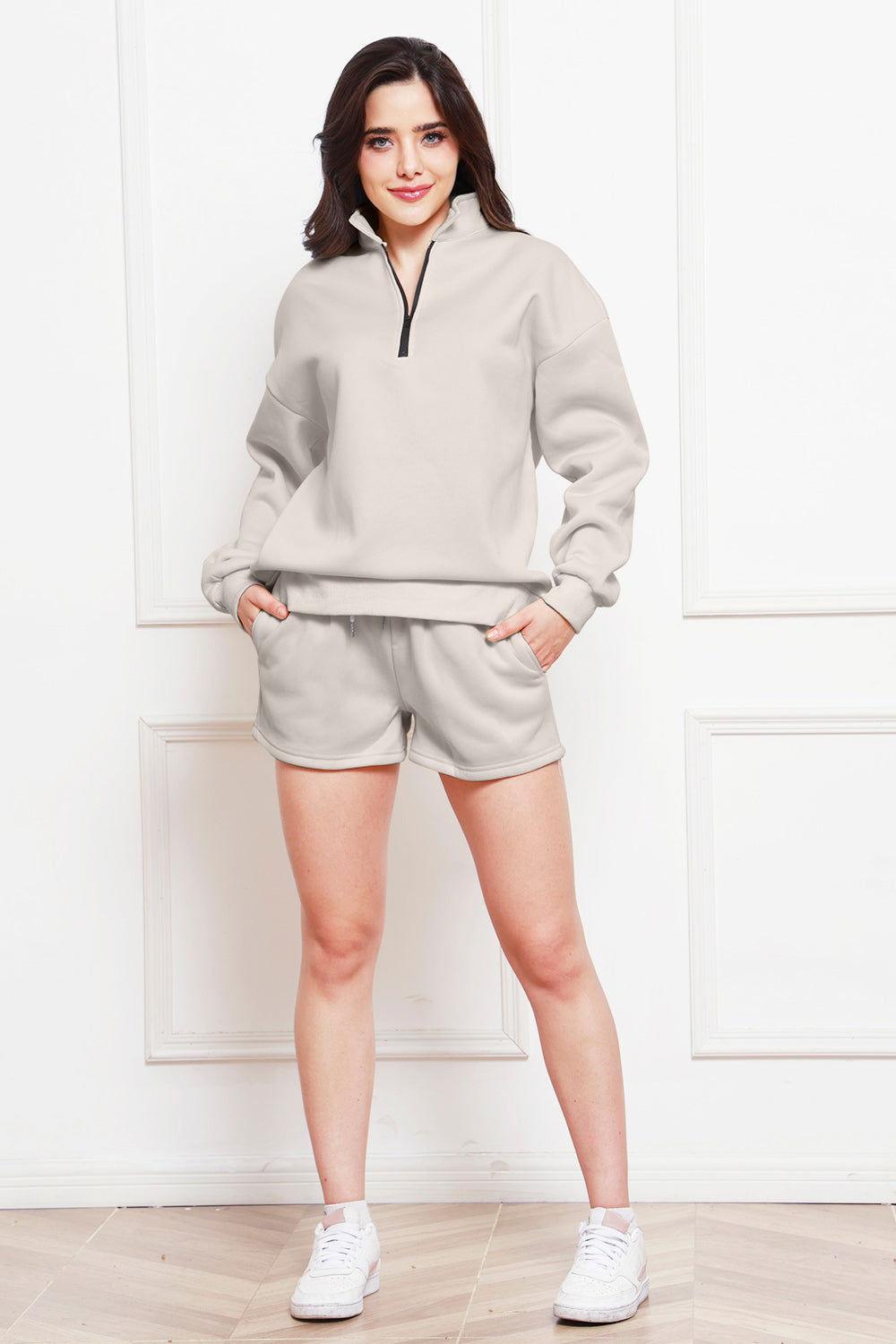 Half Zip Long Sleeve Sweatshirt and Drawstring Shorts Set - Clothes For Her Online Store