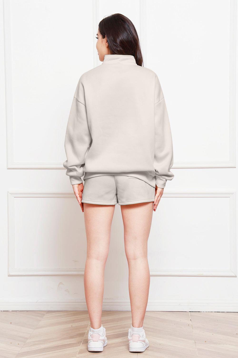 Half Zip Long Sleeve Sweatshirt and Drawstring Shorts Set - Clothes For Her Online Store