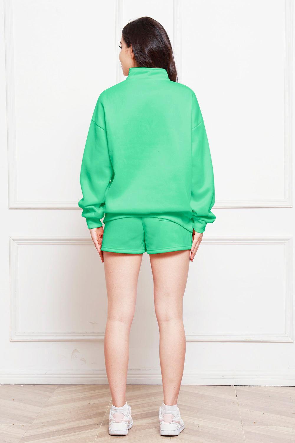 Half Zip Long Sleeve Sweatshirt and Drawstring Shorts Set - Clothes For Her Online Store
