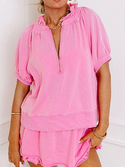 Half Zip Puff Sleeve Top and Ruffled Shorts Set - Clothes For Her Online Store