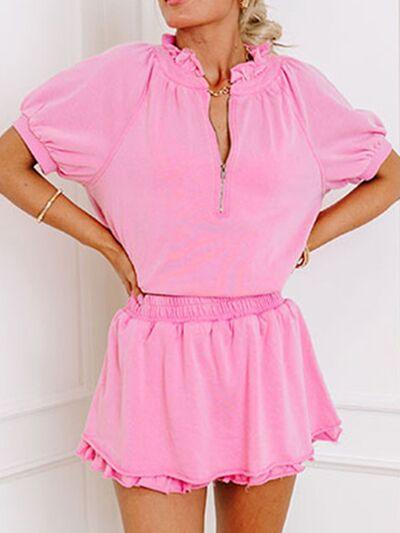 Half Zip Puff Sleeve Top and Ruffled Shorts Set - Clothes For Her Online Store
