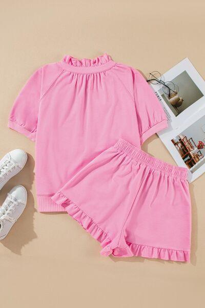 Half Zip Puff Sleeve Top and Ruffled Shorts Set - Clothes For Her Online Store