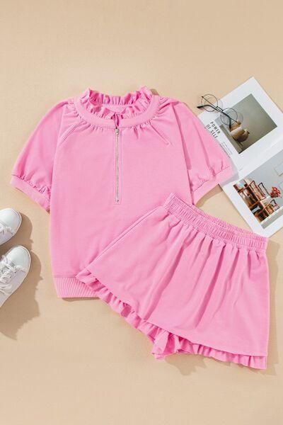 Half Zip Puff Sleeve Top and Ruffled Shorts Set - Clothes For Her Online Store