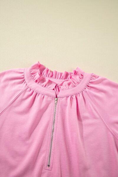 Half Zip Puff Sleeve Top and Ruffled Shorts Set - Clothes For Her Online Store