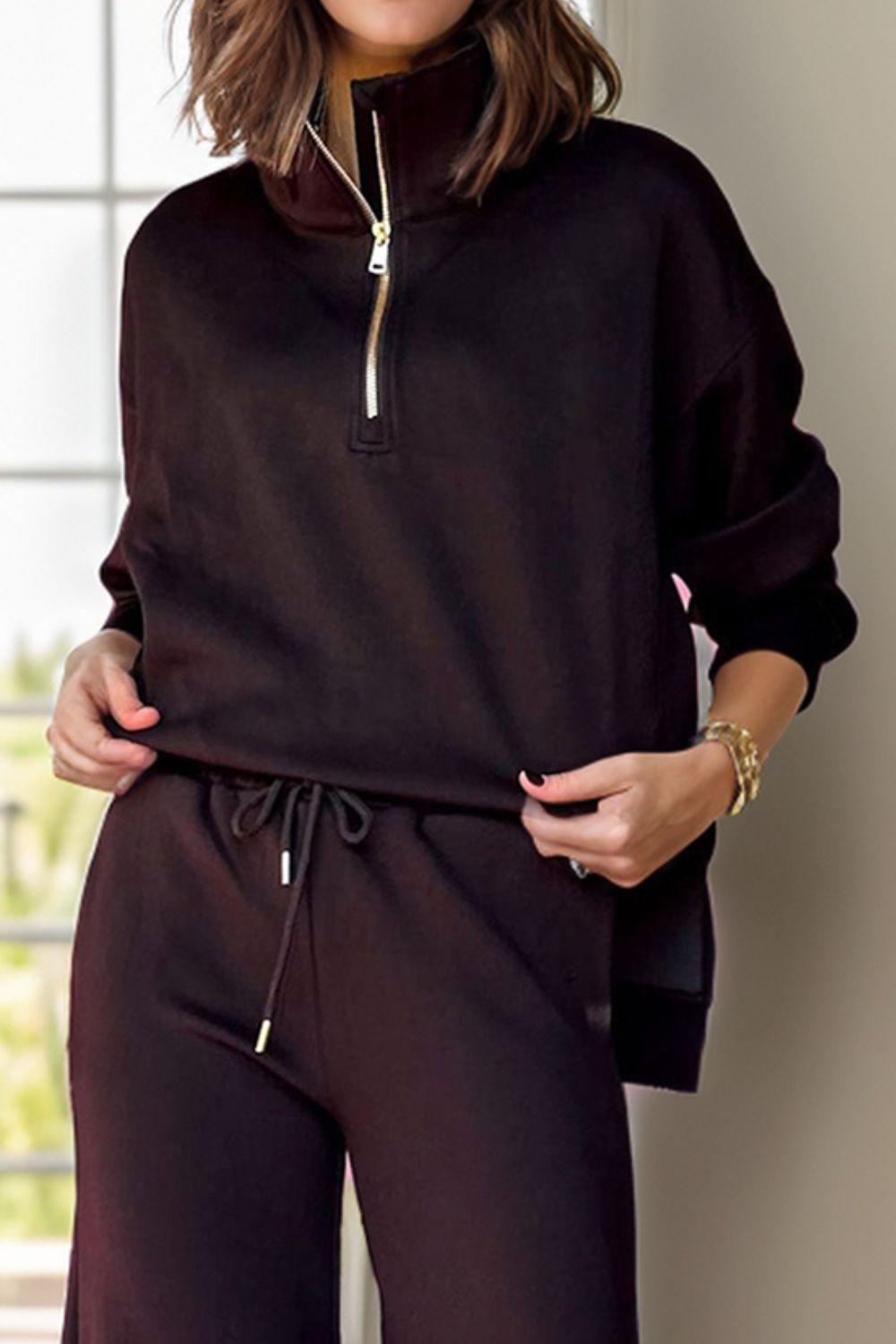 Half Zip Turtleneck Long Sleeve Top and Pants Set - Clothes For Her Online Store