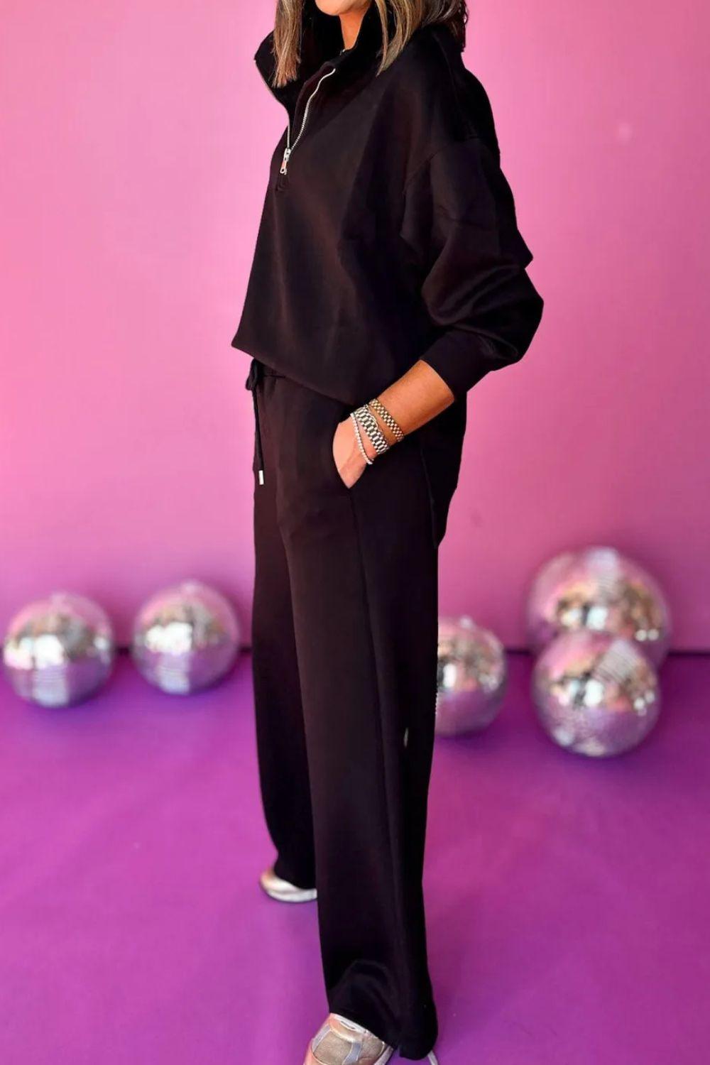 Half Zip Turtleneck Long Sleeve Top and Pants Set - Clothes For Her Online Store