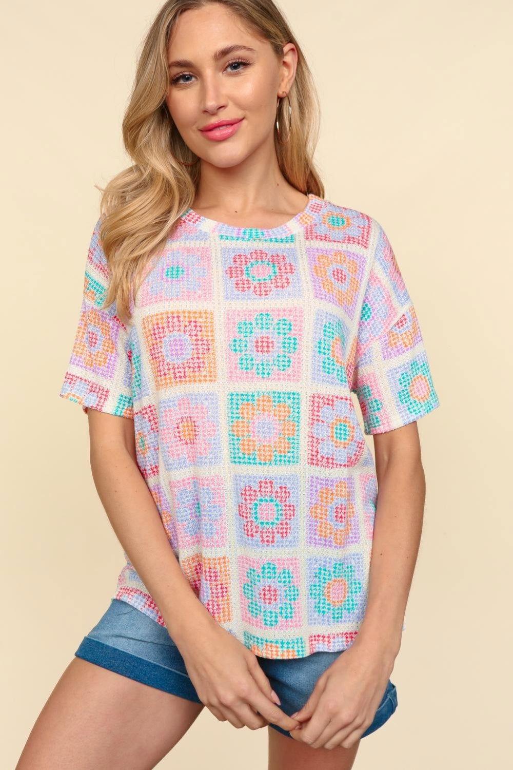 Haptics Flower Print Round Neck Short Sleeve T-Shirt - Clothes For Her Online Store