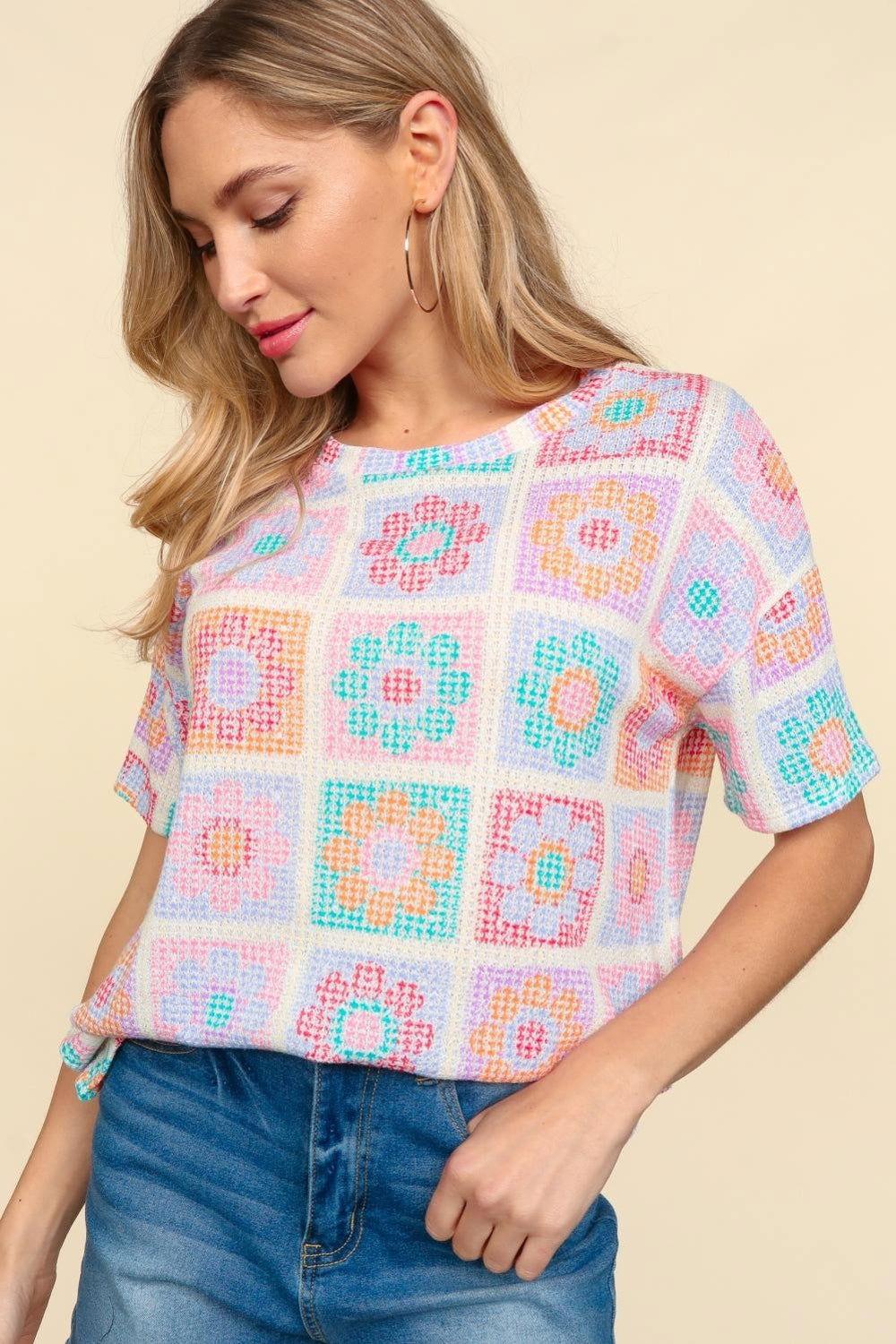 Haptics Flower Print Round Neck Short Sleeve T-Shirt - Clothes For Her Online Store
