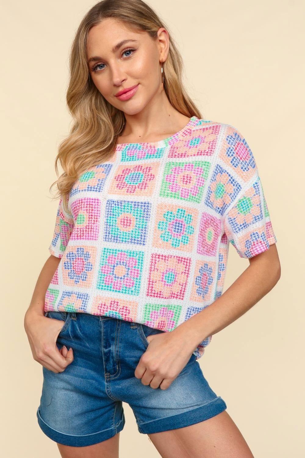 Haptics Flower Print Round Neck Short Sleeve T-Shirt - Clothes For Her Online Store