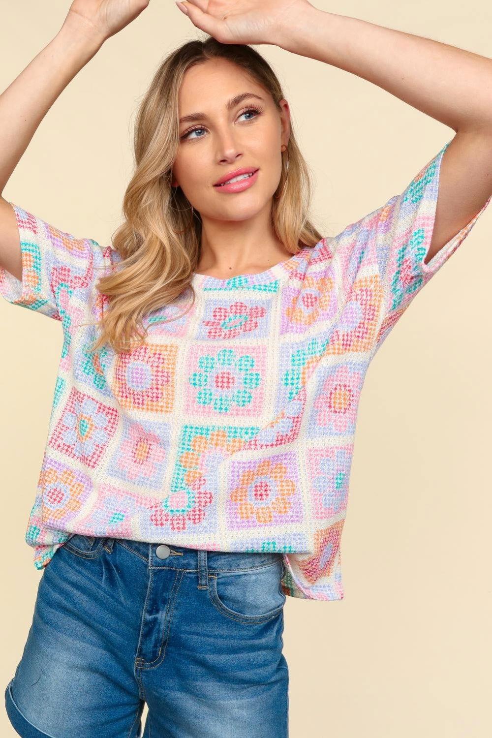 Haptics Flower Print Round Neck Short Sleeve T-Shirt - Clothes For Her Online Store