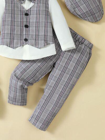 Hat, Long Sleeve Shirt, Plaid Vest and Pants 4-Piece Set - Clothes For Her Online Store