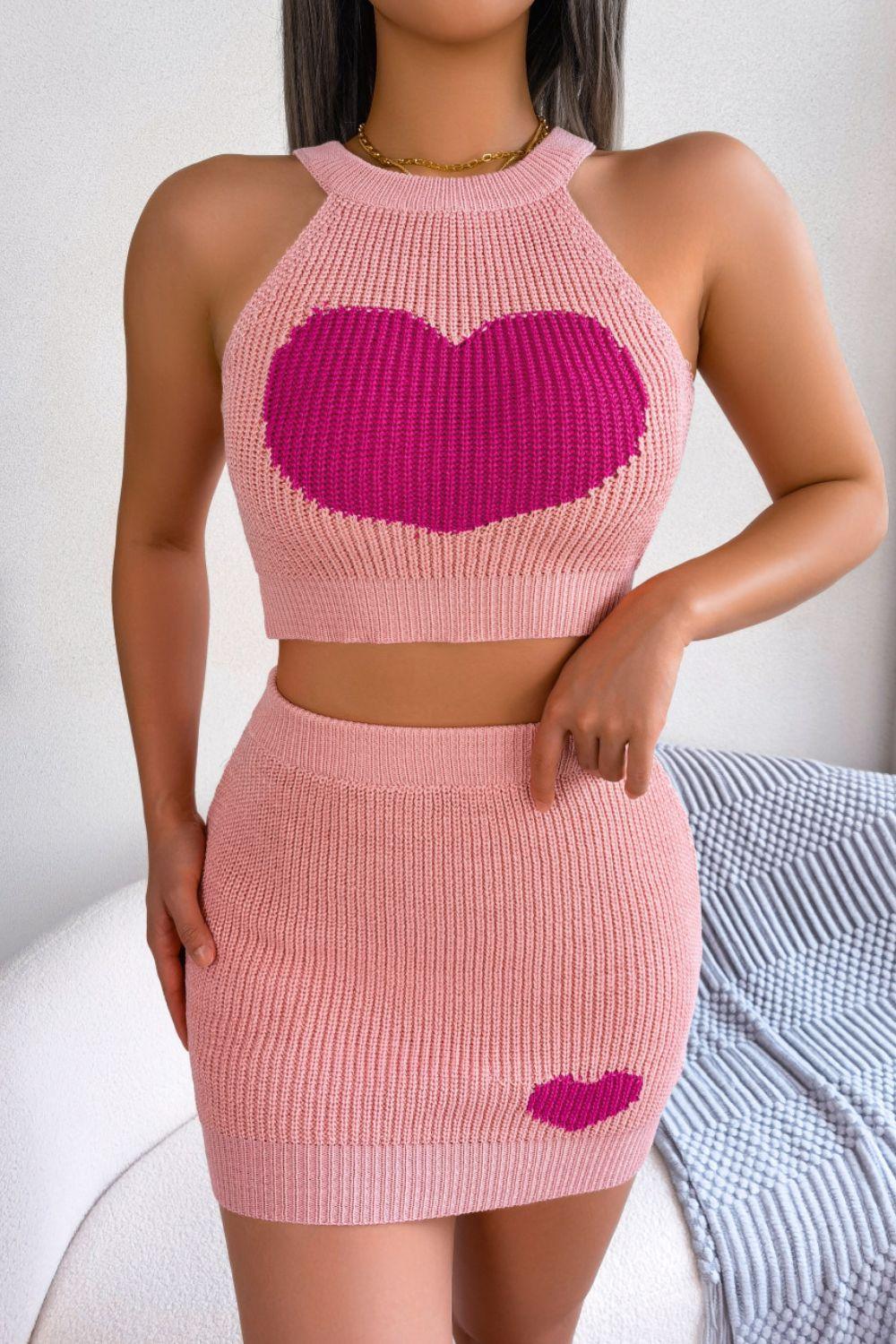 Heart Contrast Ribbed Sleeveless Knit Top and Skirt Set - Clothes For Her Online Store