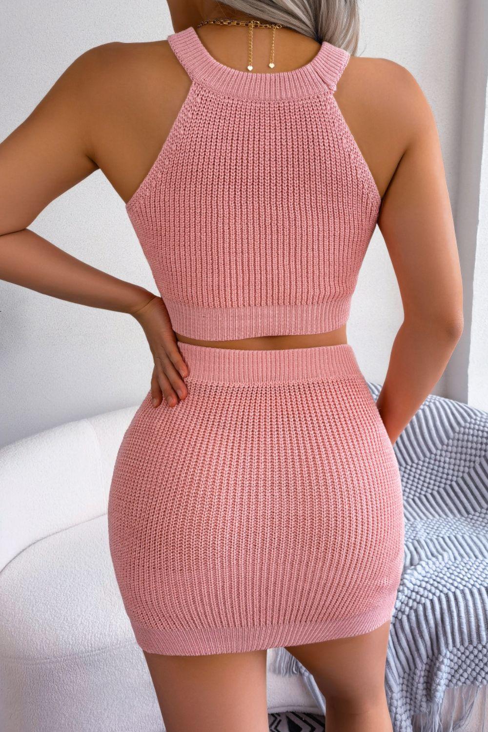 Heart Contrast Ribbed Sleeveless Knit Top and Skirt Set - Clothes For Her Online Store