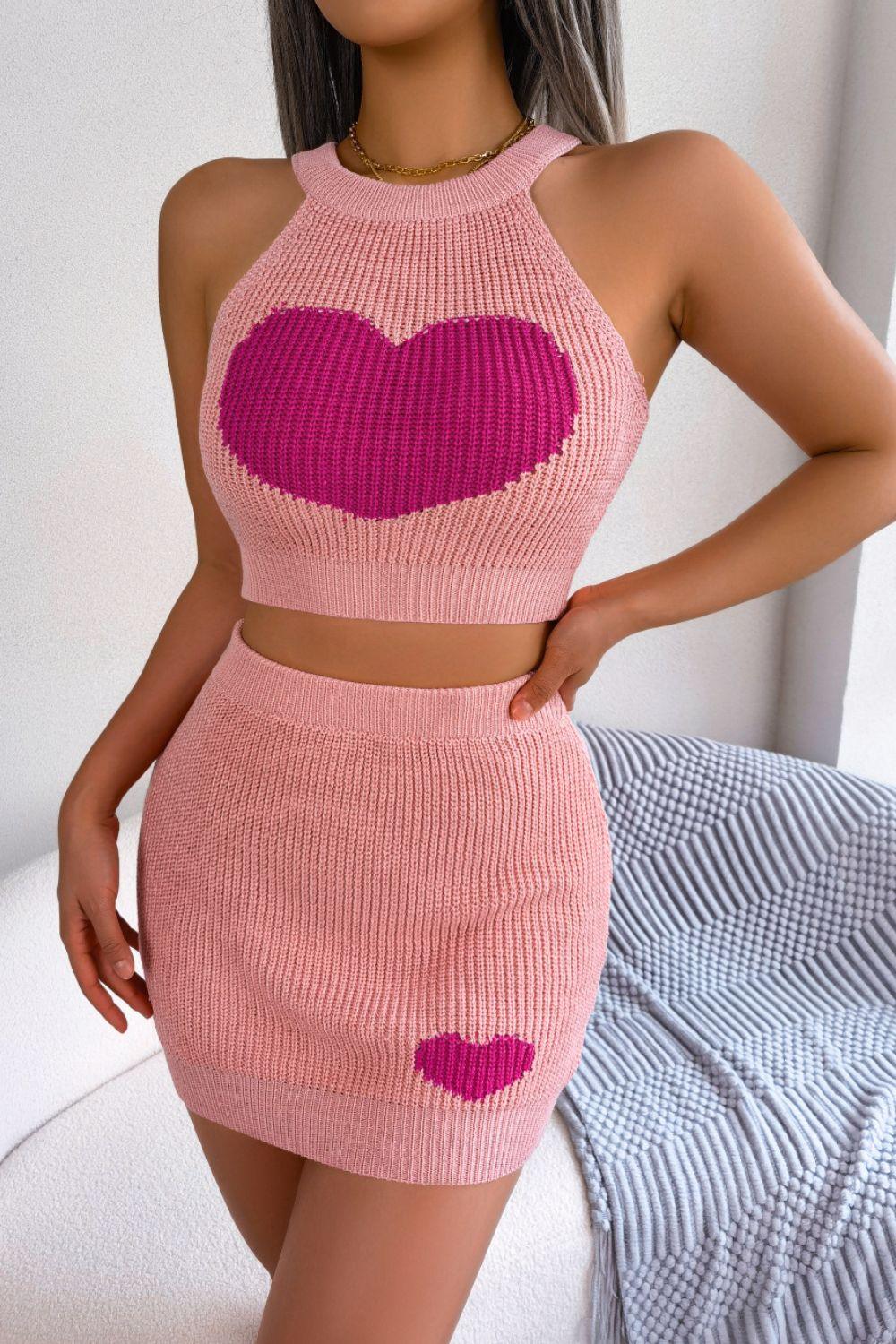 Heart Contrast Ribbed Sleeveless Knit Top and Skirt Set - Clothes For Her Online Store
