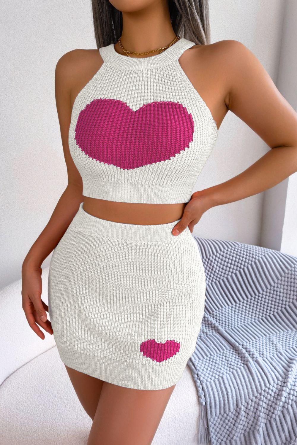 Heart Contrast Ribbed Sleeveless Knit Top and Skirt Set - Clothes For Her Online Store