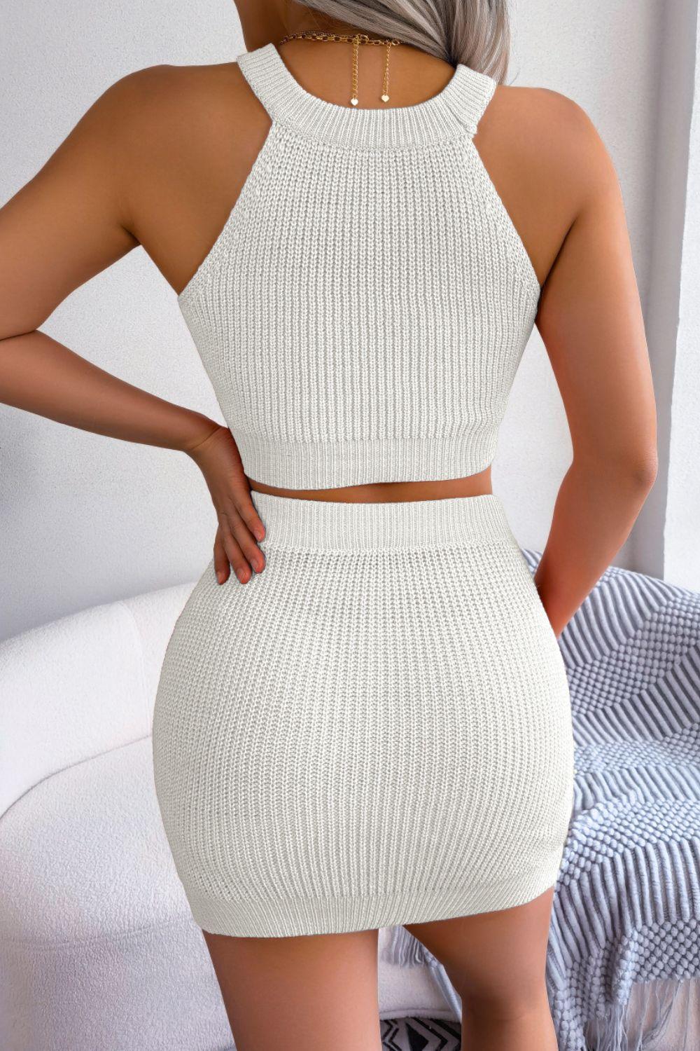 Heart Contrast Ribbed Sleeveless Knit Top and Skirt Set - Clothes For Her Online Store