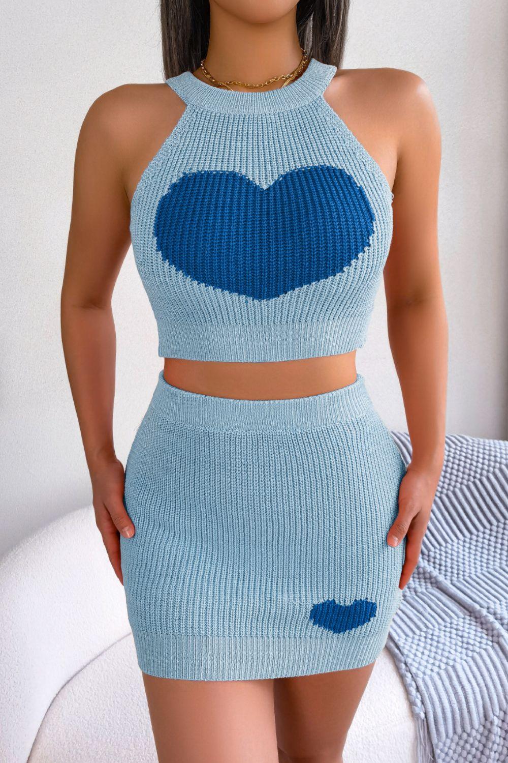 Heart Contrast Ribbed Sleeveless Knit Top and Skirt Set - Clothes For Her Online Store