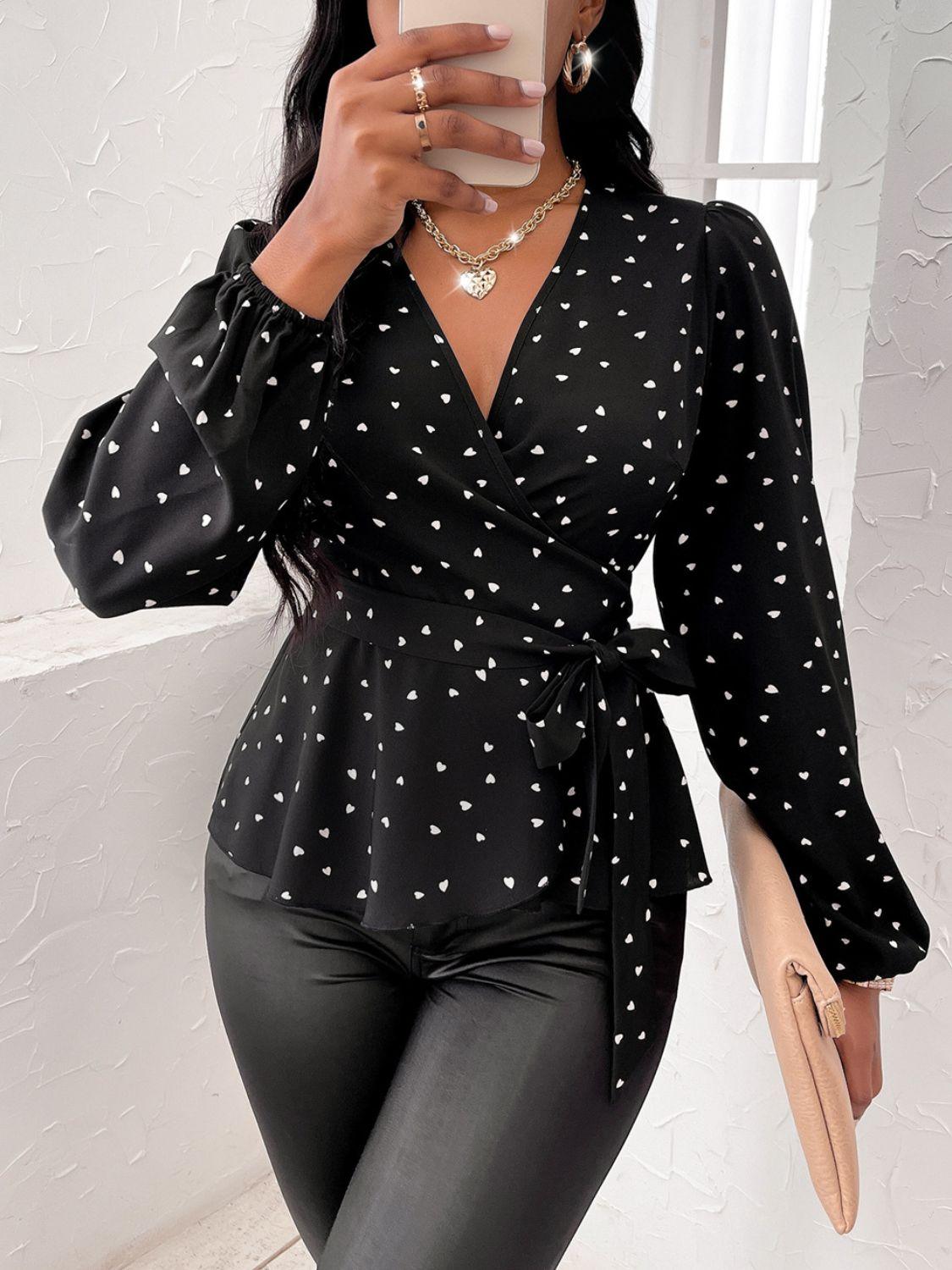 Heart Print Surplice Balloon Sleeve Blouse - Clothes For Her Online Store