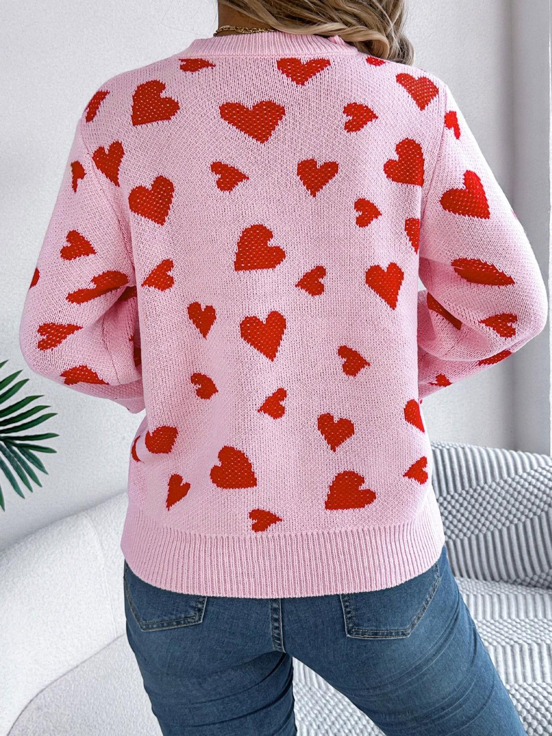 Heart Round Neck Long Sleeve Sweater - Clothes For Her Online Store