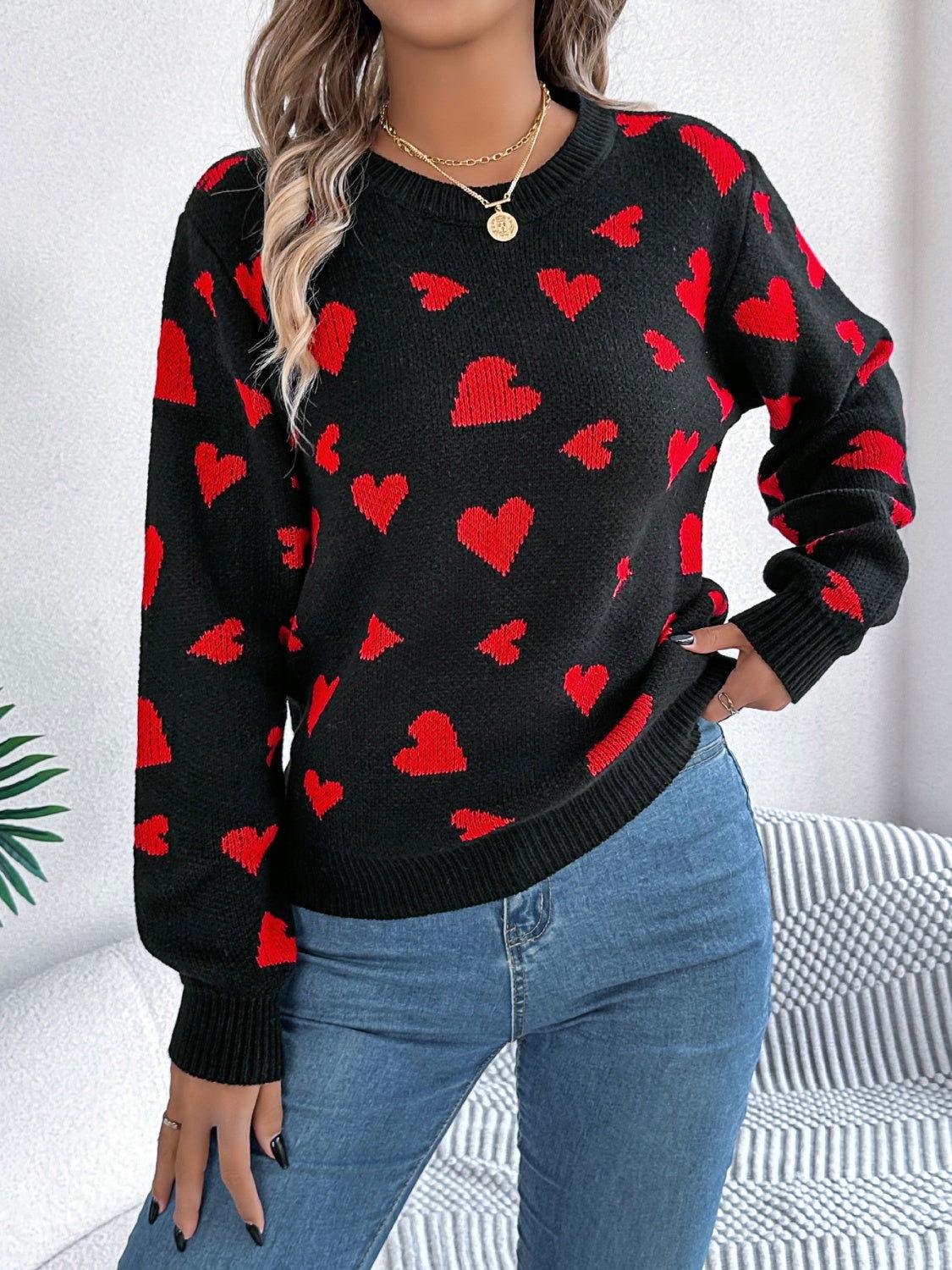 Heart Round Neck Long Sleeve Sweater - Clothes For Her Online Store