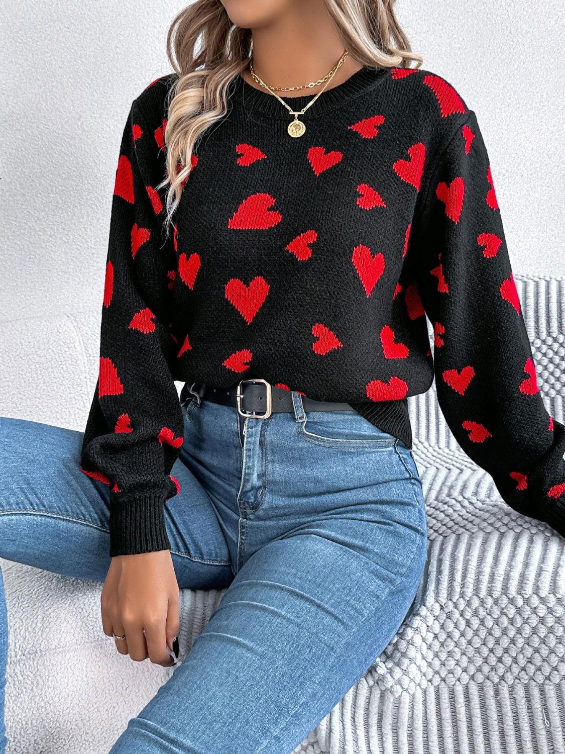 Heart Round Neck Long Sleeve Sweater - Clothes For Her Online Store