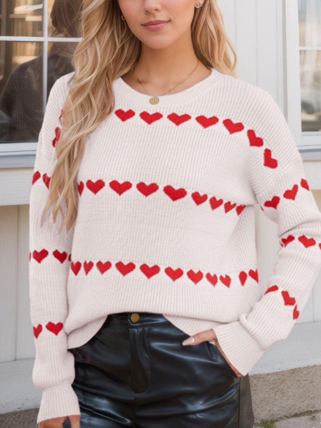 Heart Round Neck Long Sleeve Sweater - Clothes For Her Online Store