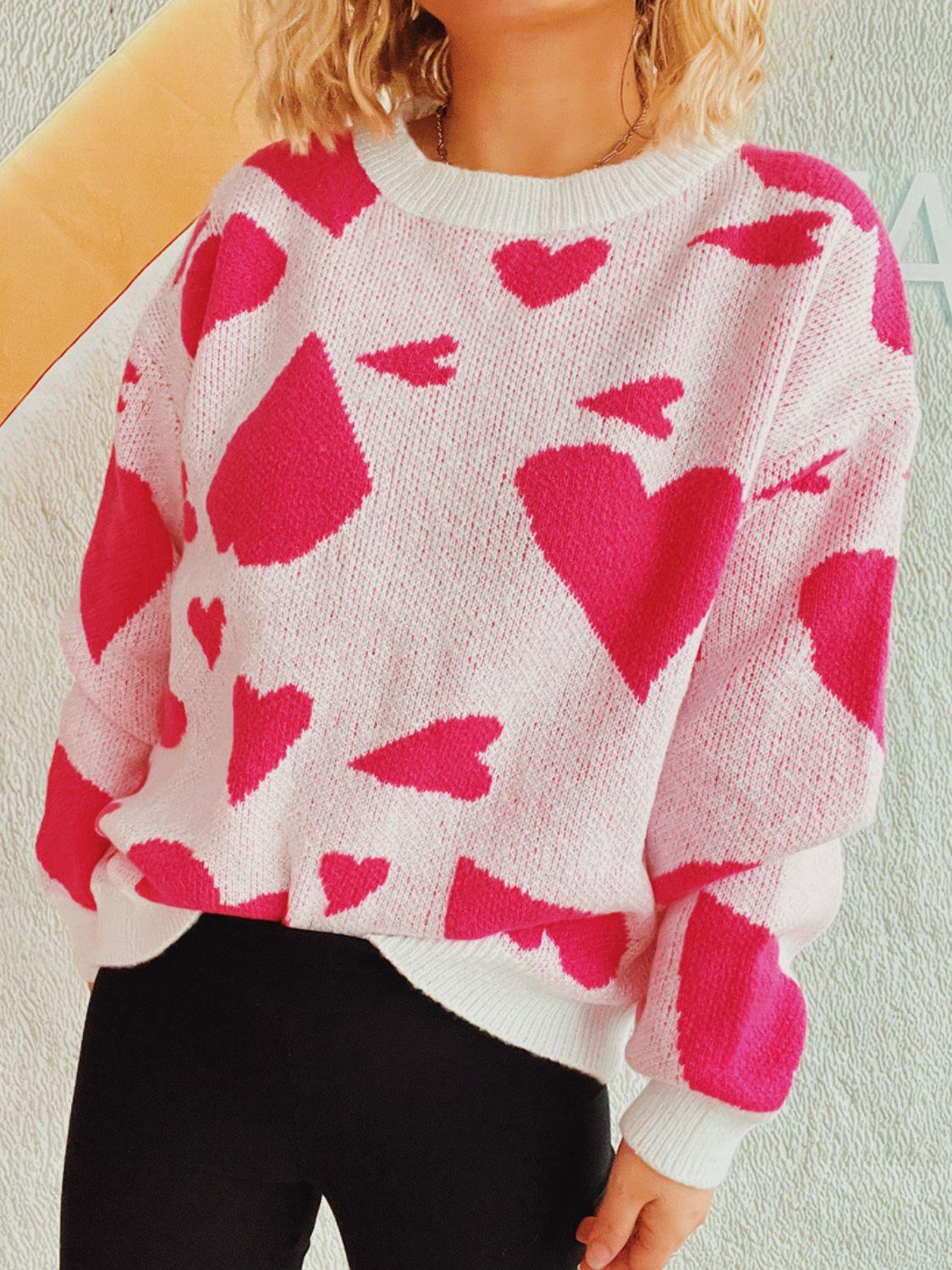 Heart Round Neck Long Sleeve Sweater - Clothes For Her Online Store