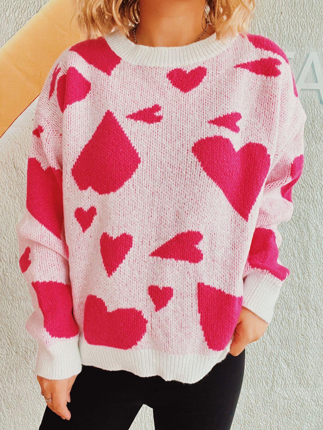 Heart Round Neck Long Sleeve Sweater - Clothes For Her Online Store