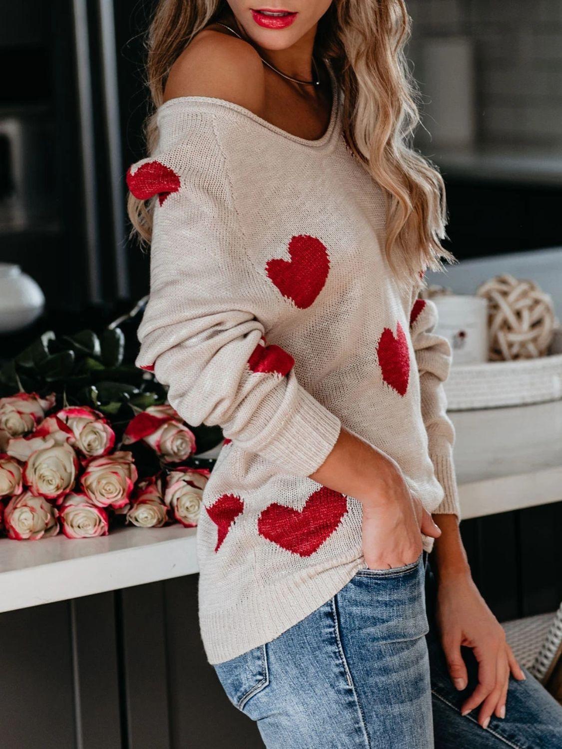 Heart Scoop Neck Long Sleeve Sweater - Clothes For Her Online Store