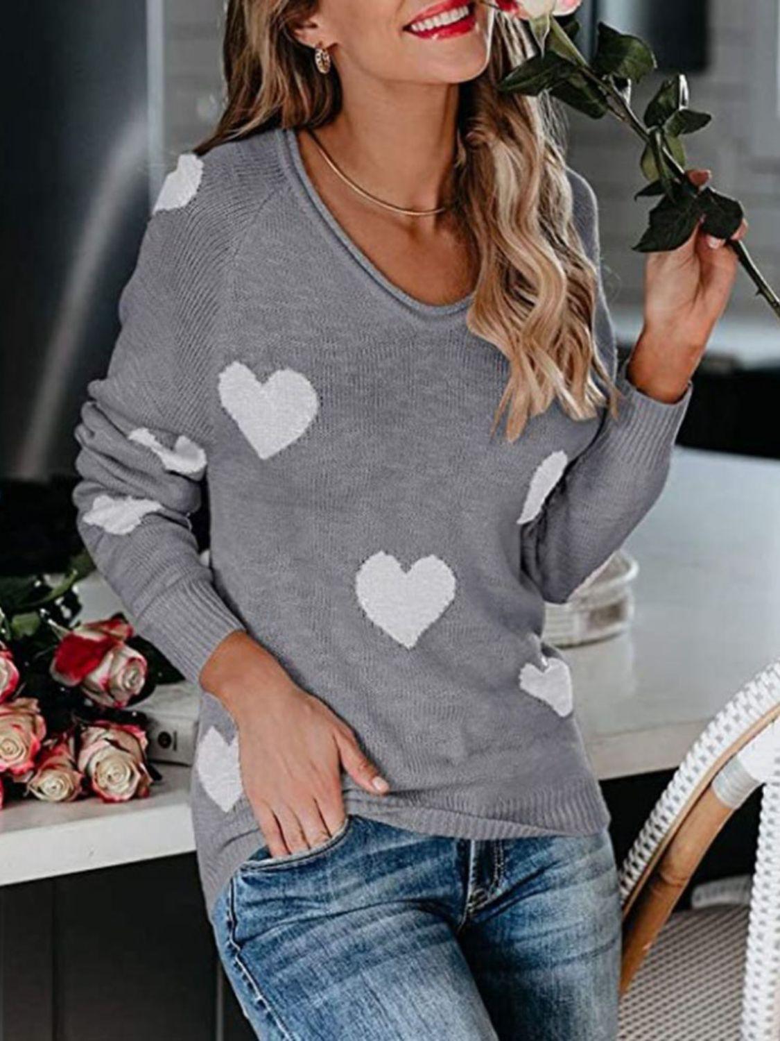 Heart Scoop Neck Long Sleeve Sweater - Clothes For Her Online Store