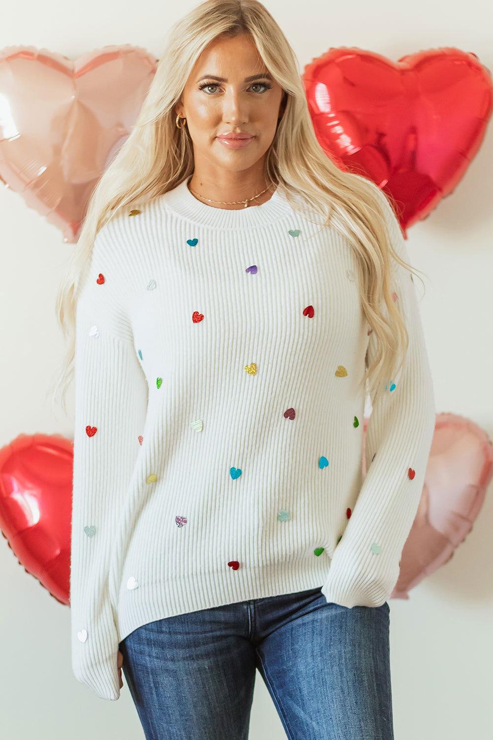 Heart Sequin Round Neck Long Sleeve Sweater - Clothes For Her Online Store