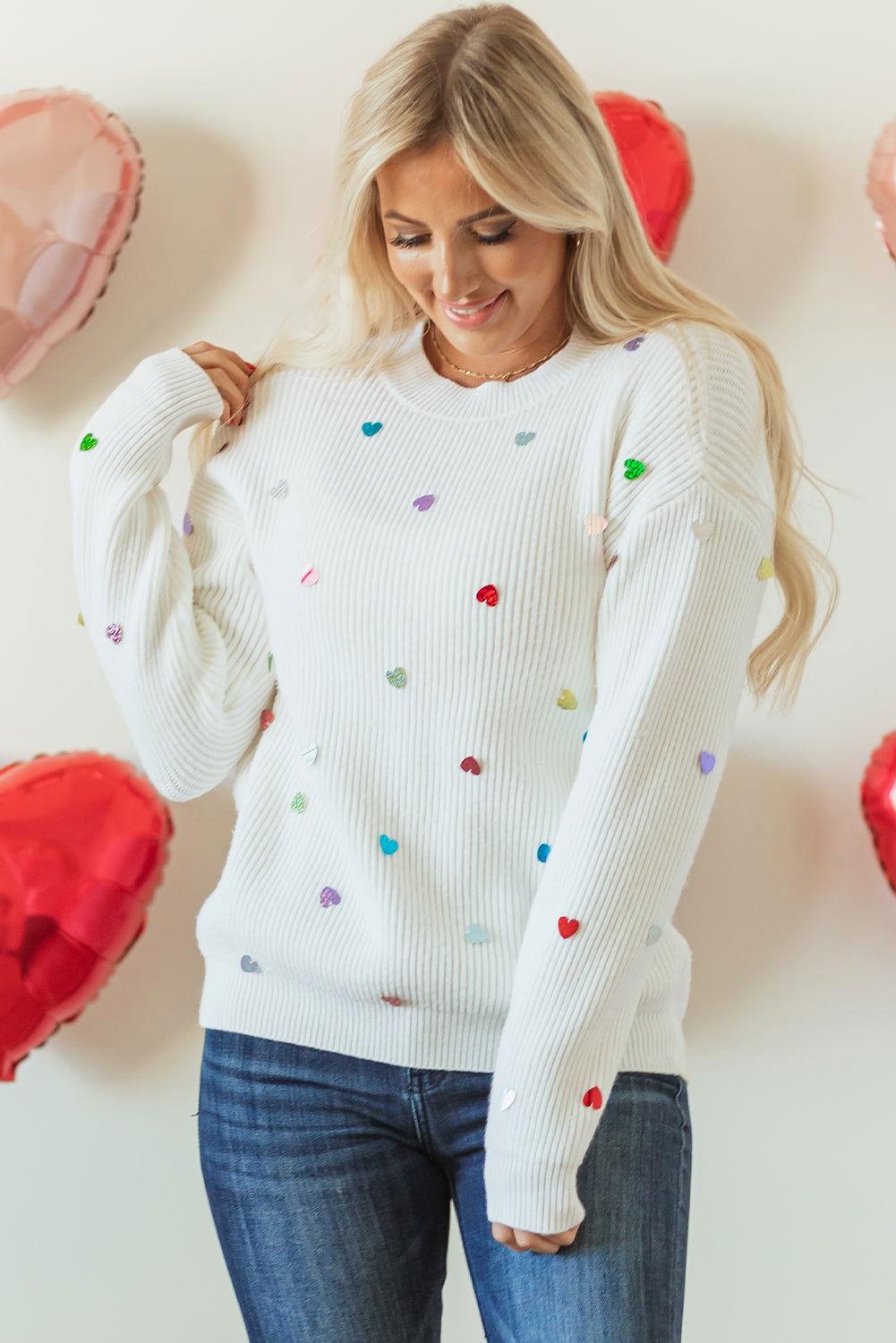Heart Sequin Round Neck Long Sleeve Sweater - Clothes For Her Online Store