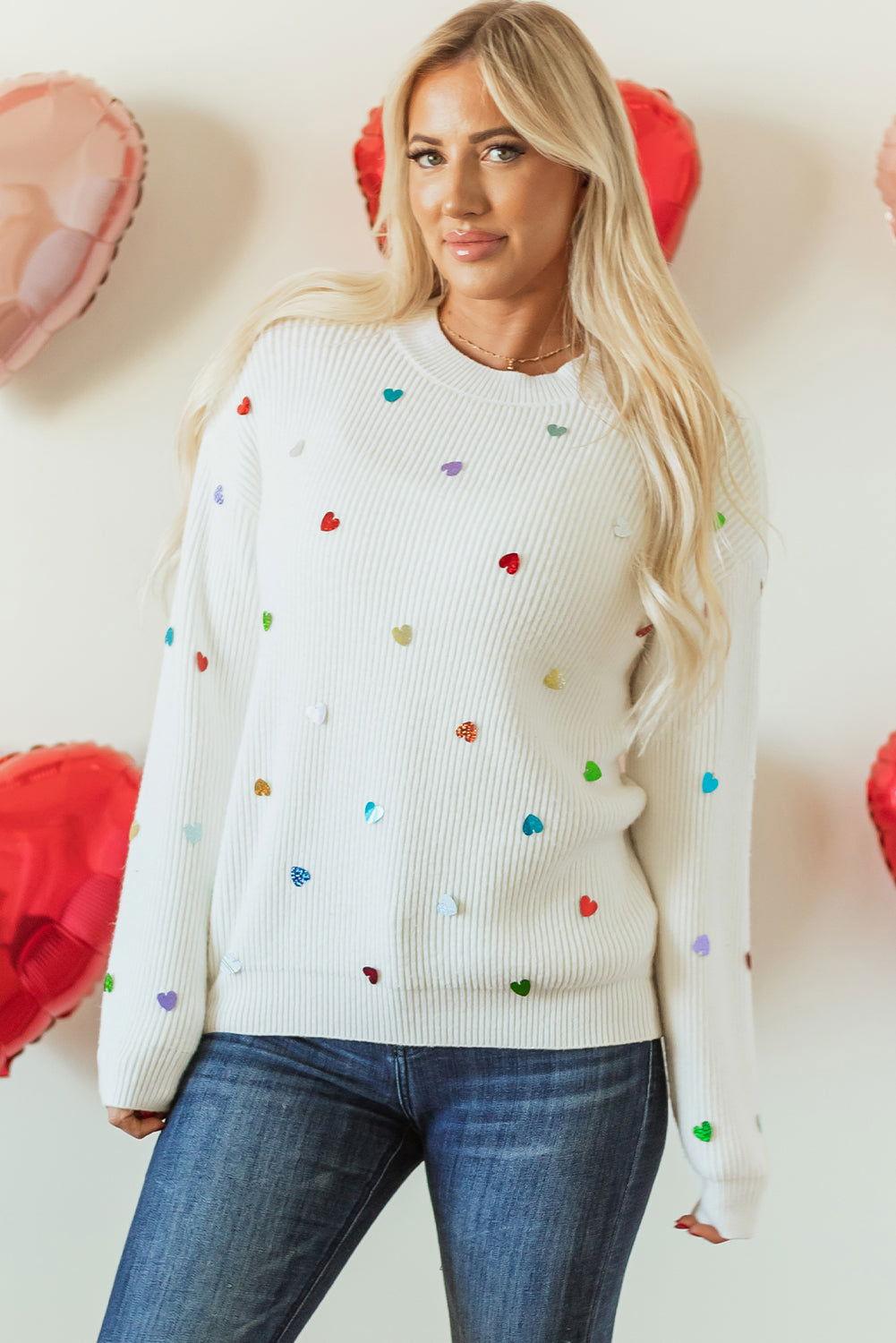 Heart Sequin Round Neck Long Sleeve Sweater - Clothes For Her Online Store
