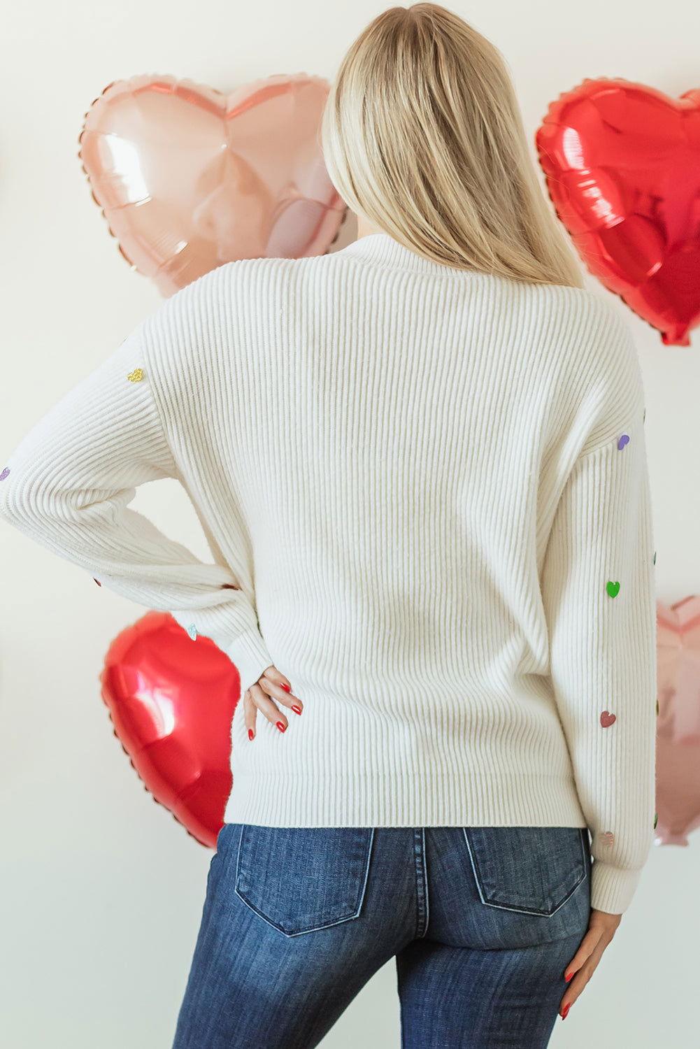 Heart Sequin Round Neck Long Sleeve Sweater - Clothes For Her Online Store