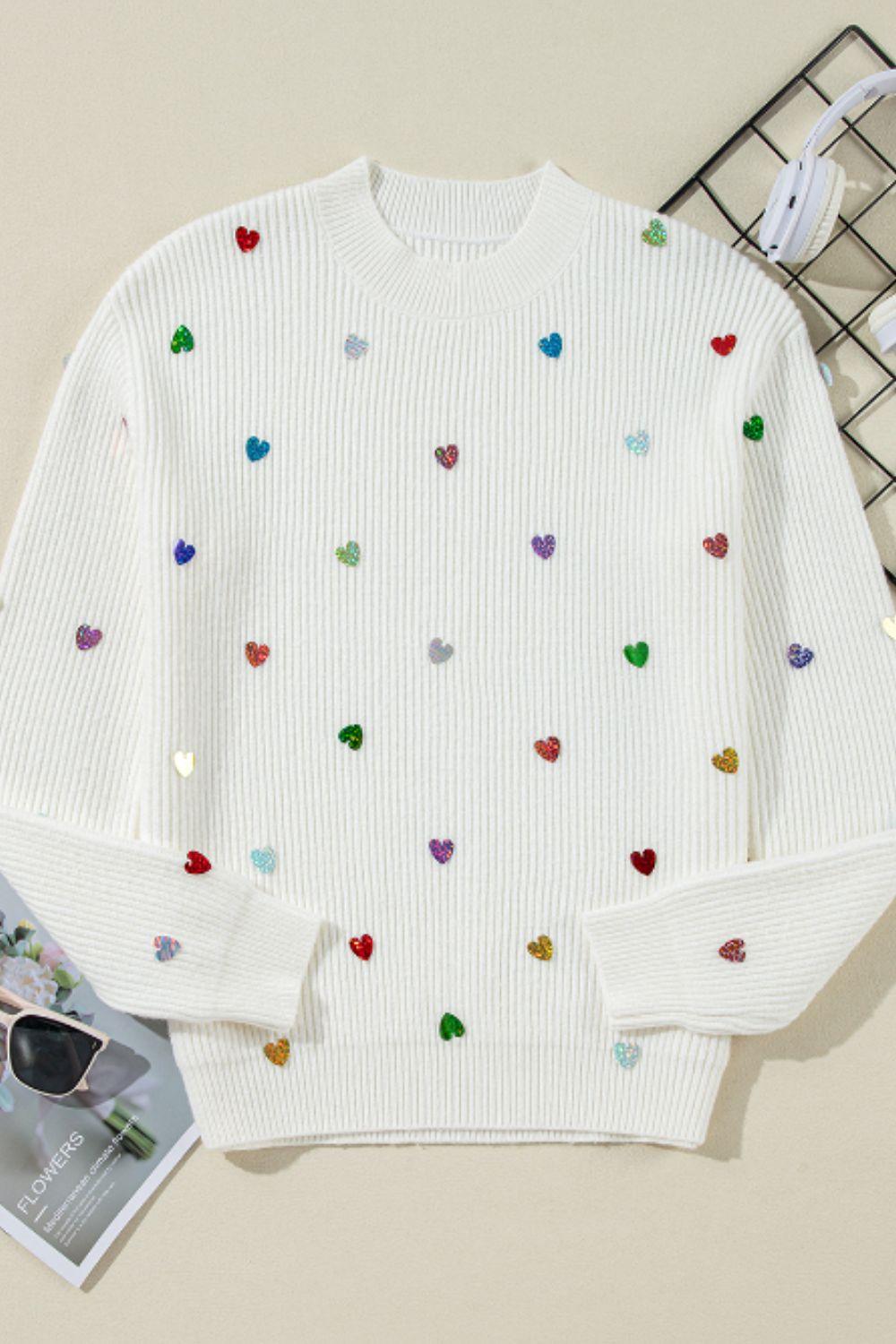 Heart Sequin Round Neck Long Sleeve Sweater - Clothes For Her Online Store