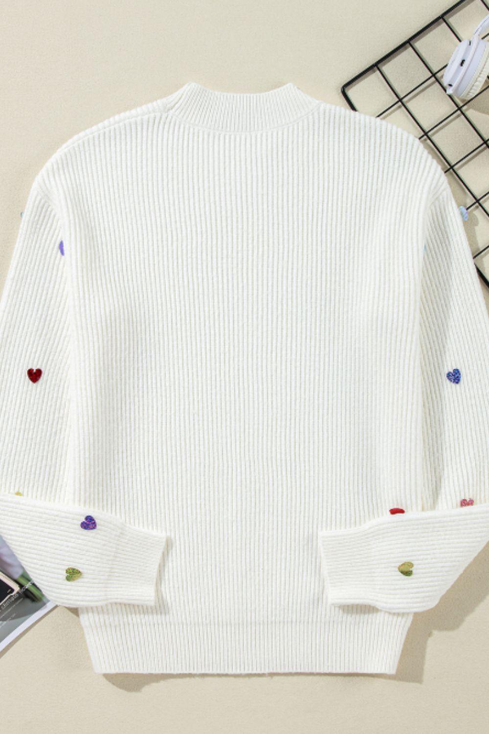 Heart Sequin Round Neck Long Sleeve Sweater - Clothes For Her Online Store