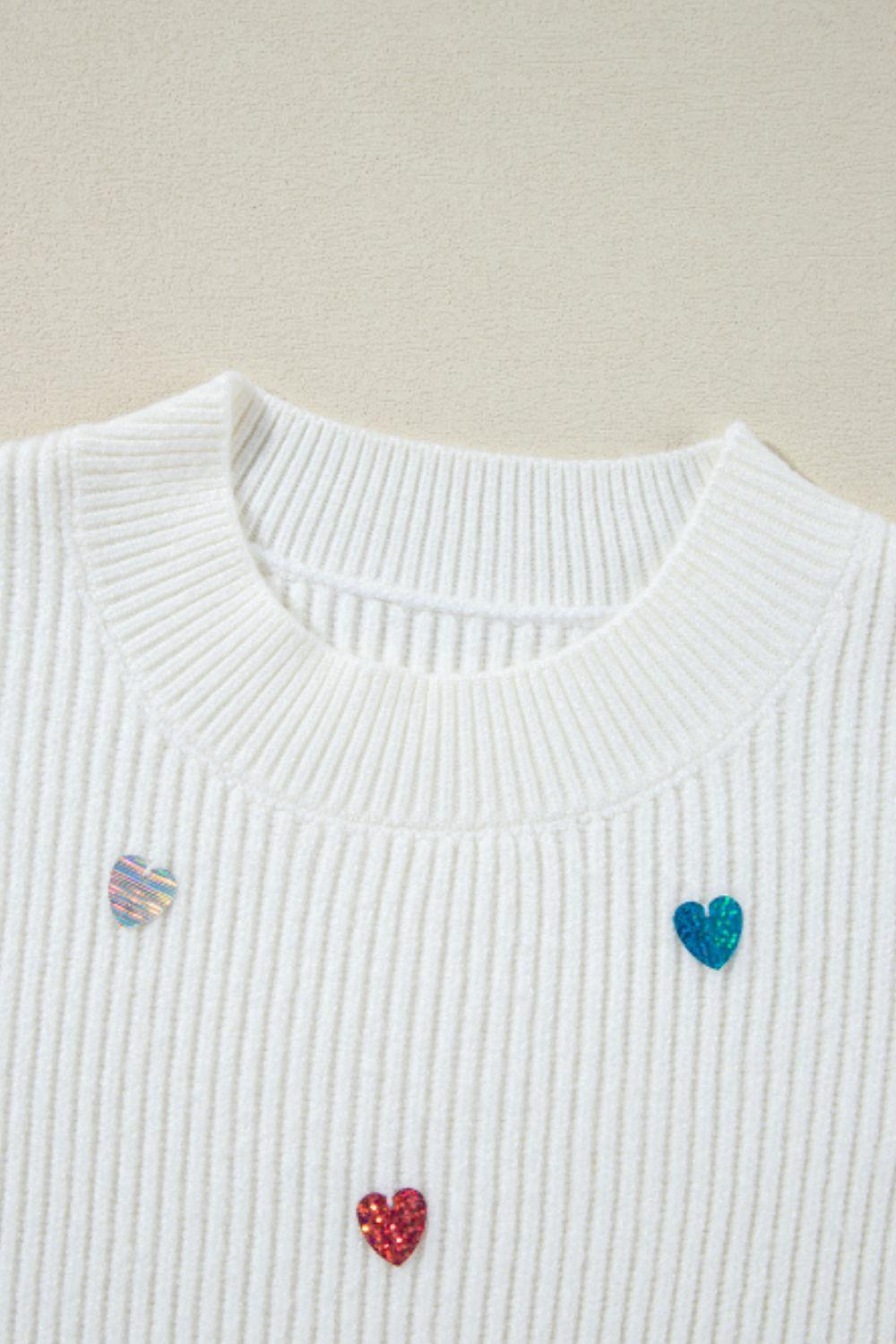 Heart Sequin Round Neck Long Sleeve Sweater - Clothes For Her Online Store