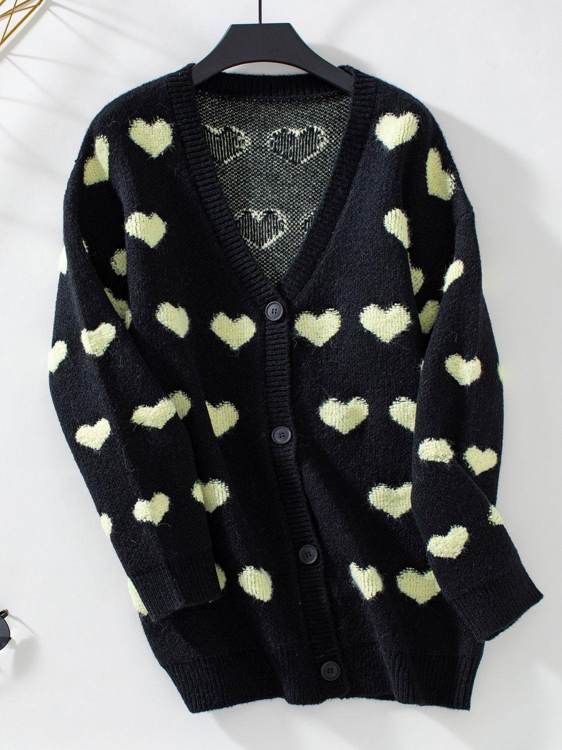 Heart V-Neck Button Up Long Sleeve Cardigan - Clothes For Her Online Store