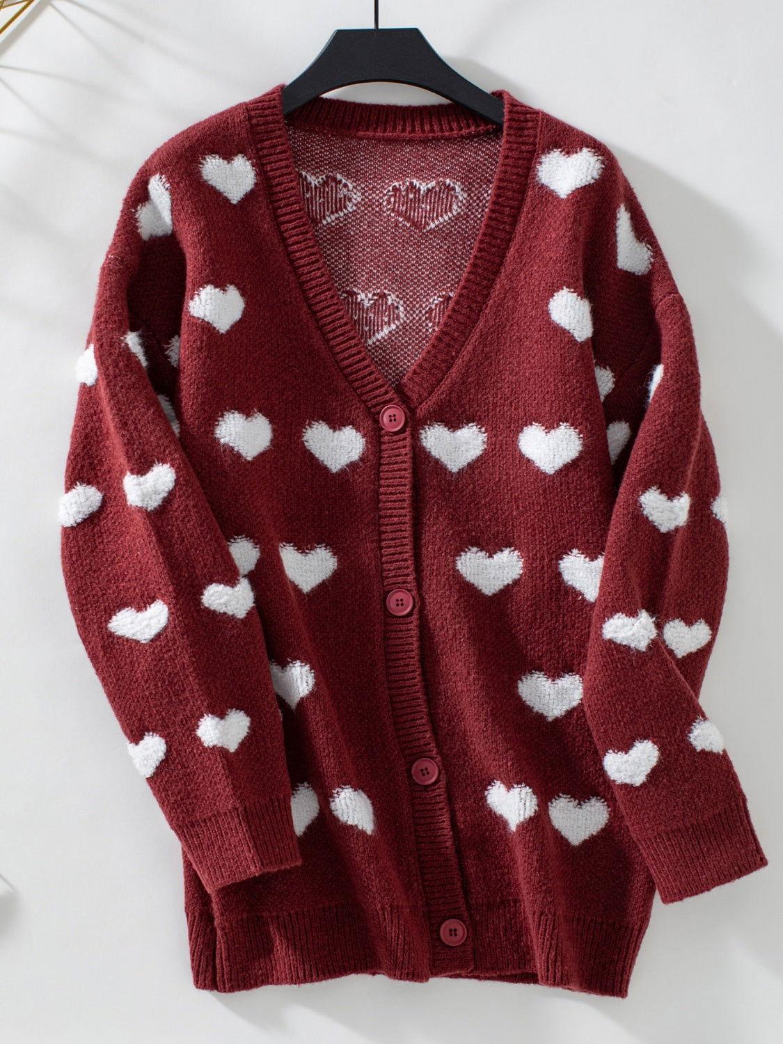 Heart V-Neck Button Up Long Sleeve Cardigan - Clothes For Her Online Store