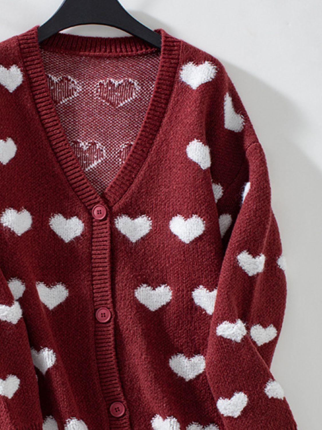 Heart V-Neck Button Up Long Sleeve Cardigan - Clothes For Her Online Store