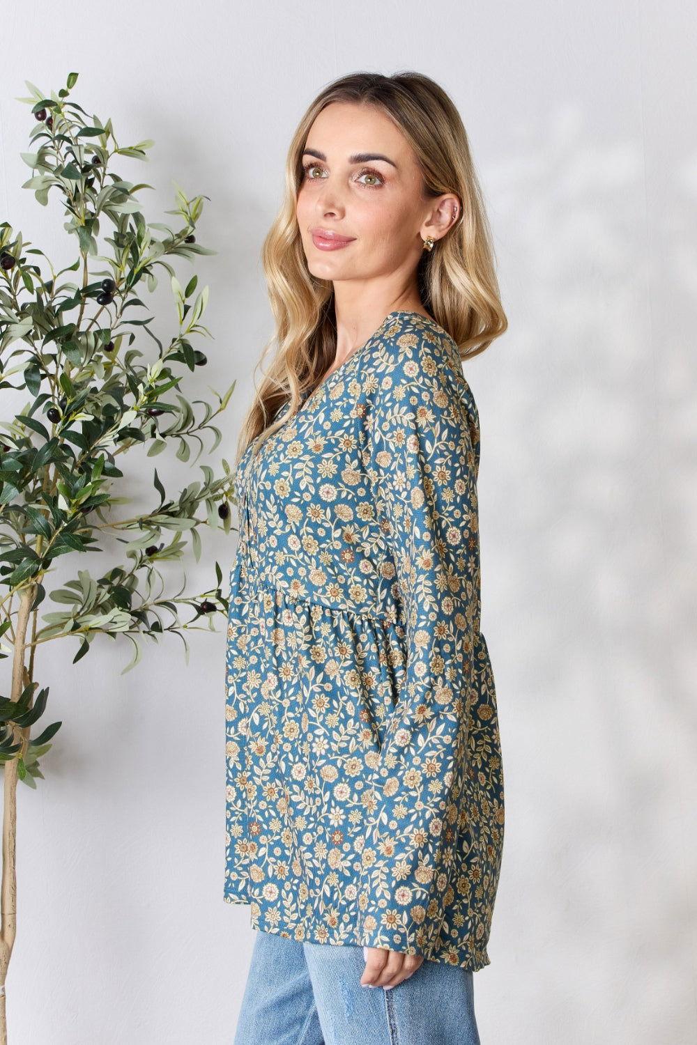 Heimish Full Size Floral Half Button Long Sleeve Blouse - Clothes For Her Online Store