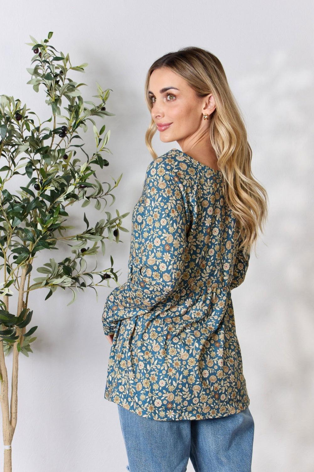 Heimish Full Size Floral Half Button Long Sleeve Blouse - Clothes For Her Online Store