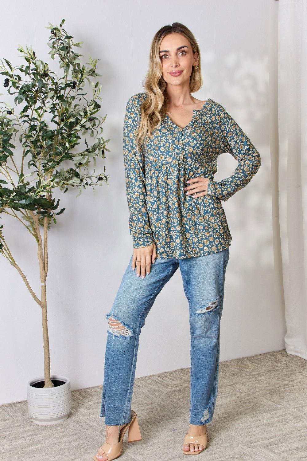 Heimish Full Size Floral Half Button Long Sleeve Blouse - Clothes For Her Online Store