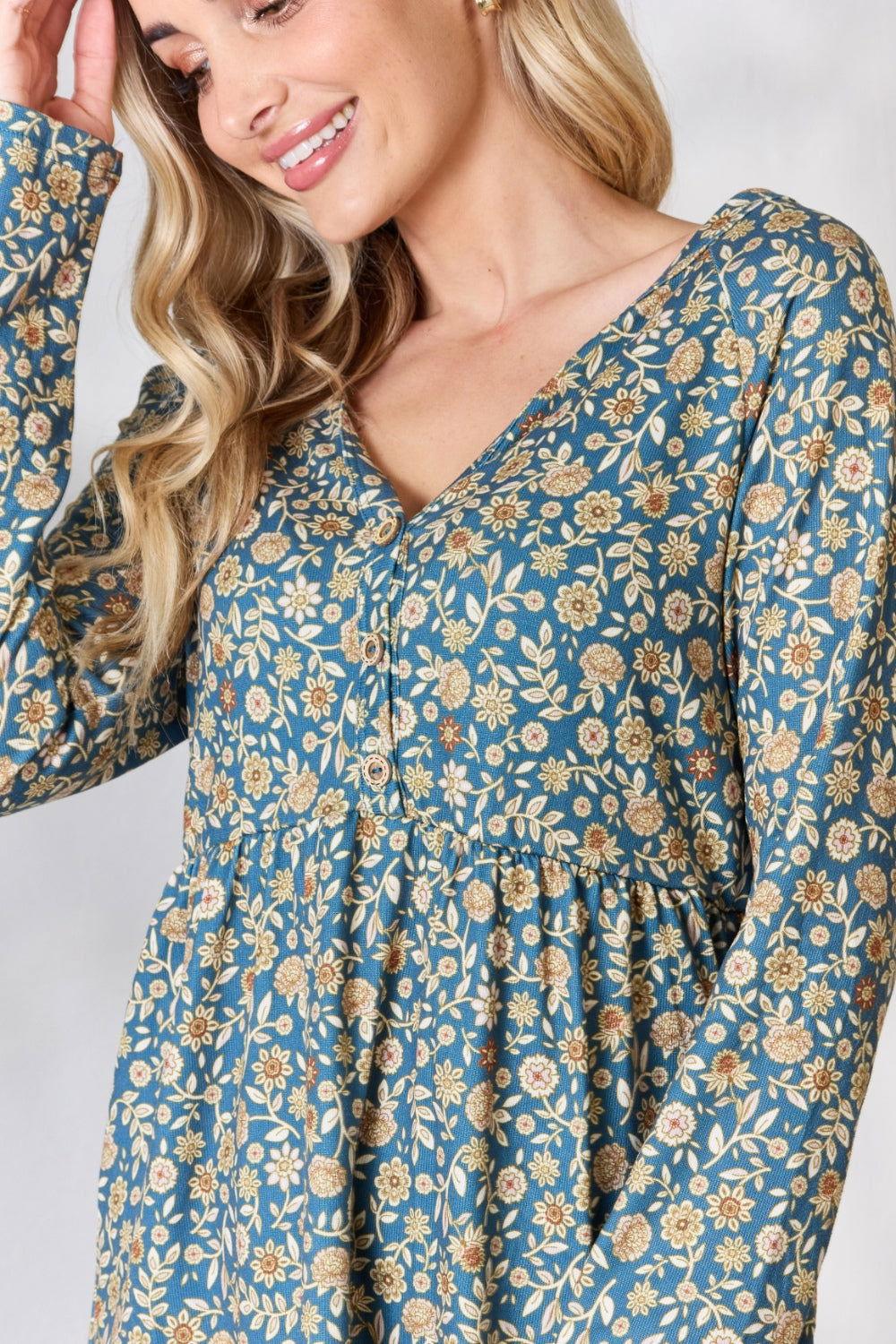 Heimish Full Size Floral Half Button Long Sleeve Blouse - Clothes For Her Online Store