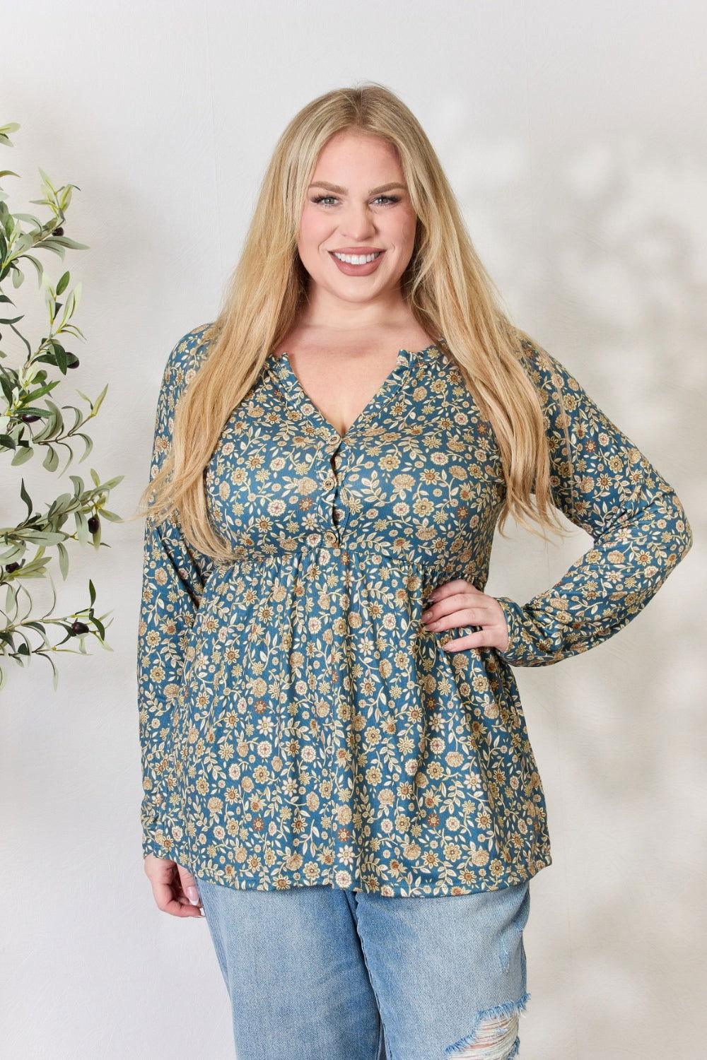 Heimish Full Size Floral Half Button Long Sleeve Blouse - Clothes For Her Online Store